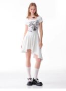 American Style Butterfly Print Dress - Defined Waist Short Sleeve Dress with Asymmetric Pleated Hem