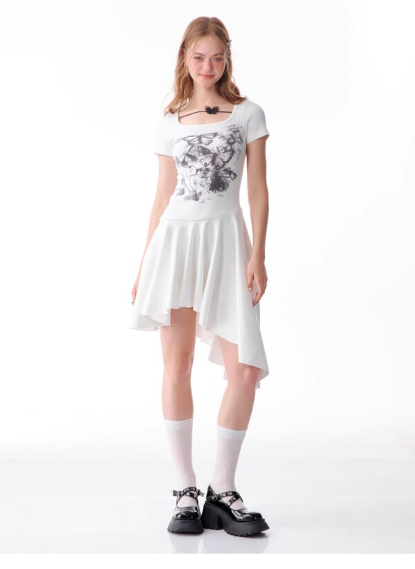 American Style Butterfly Print Dress - Defined Waist Short Sleeve Dress with Asymmetric Pleated Hem - Image 3