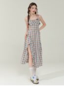 Vintage Blue-Brown Grid Maxi Dress - Bodycon Slit Long Dress with Tailored Waist