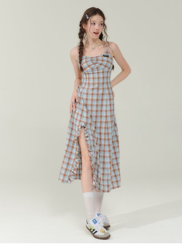Vintage Blue-Brown Grid Maxi Dress - Bodycon Slit Long Dress with Tailored Waist - Image 7