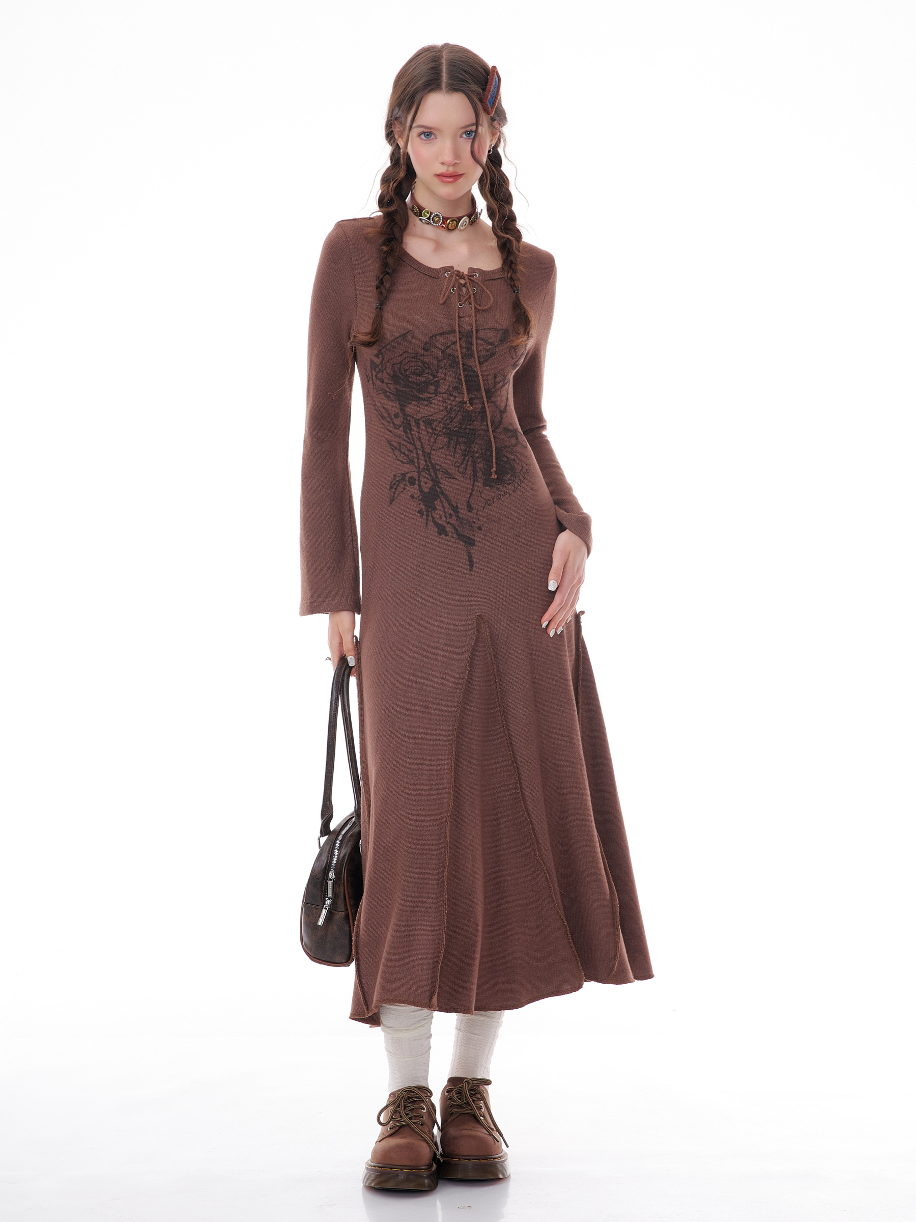 Winter Rose Print Knit Dress - Heavyweight Wool Blend Long Sleeve Bodycon Midi Dress - Image 15