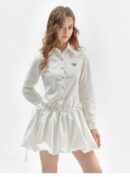 American Vintage Polo Bloom Dress - White Preppy Figure-Flattering Long Sleeve Dress with Tailored Waist