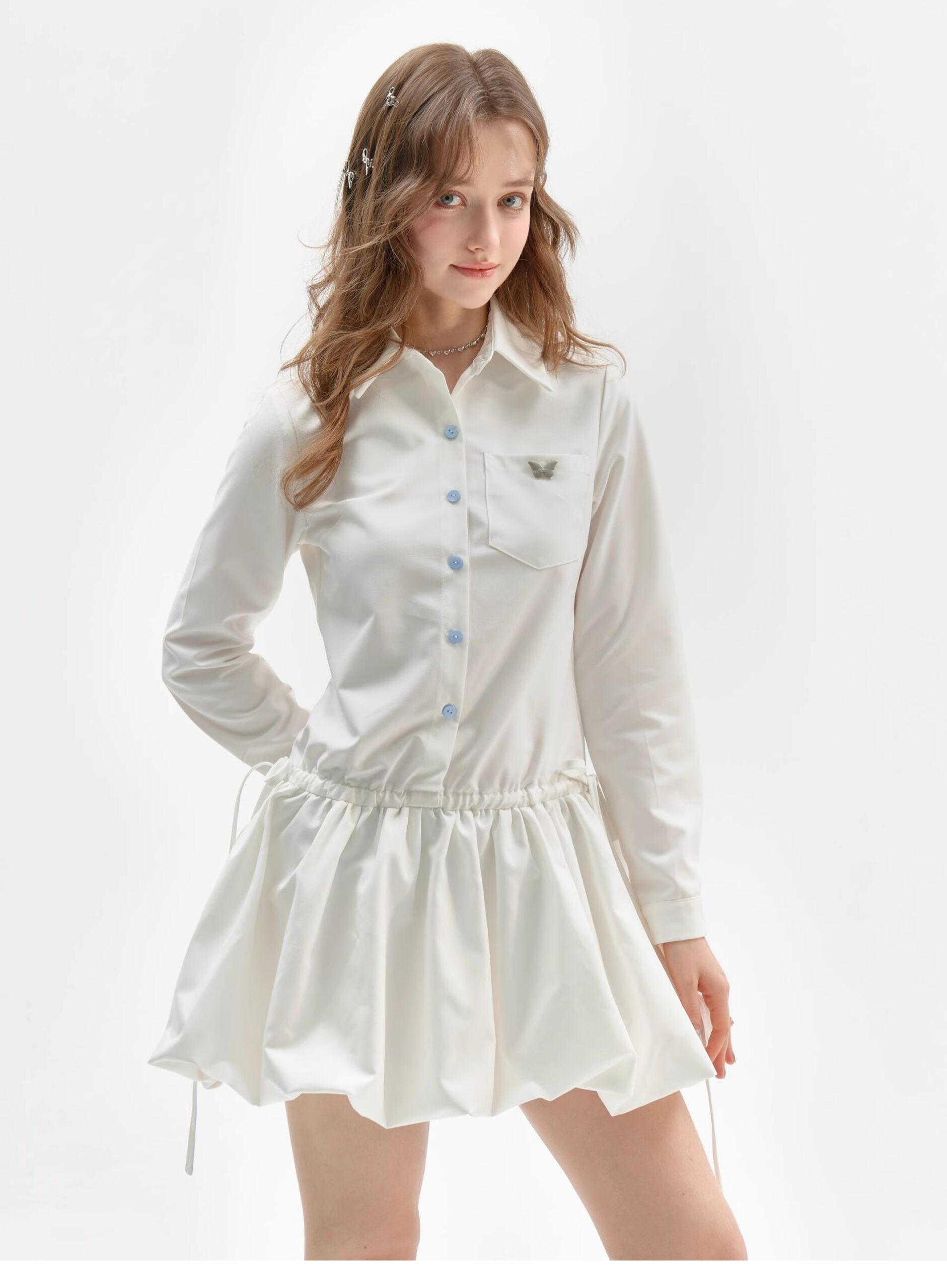American Vintage Polo Bloom Dress - White Preppy Figure-Flattering Long Sleeve Dress with Tailored Waist - Image 5