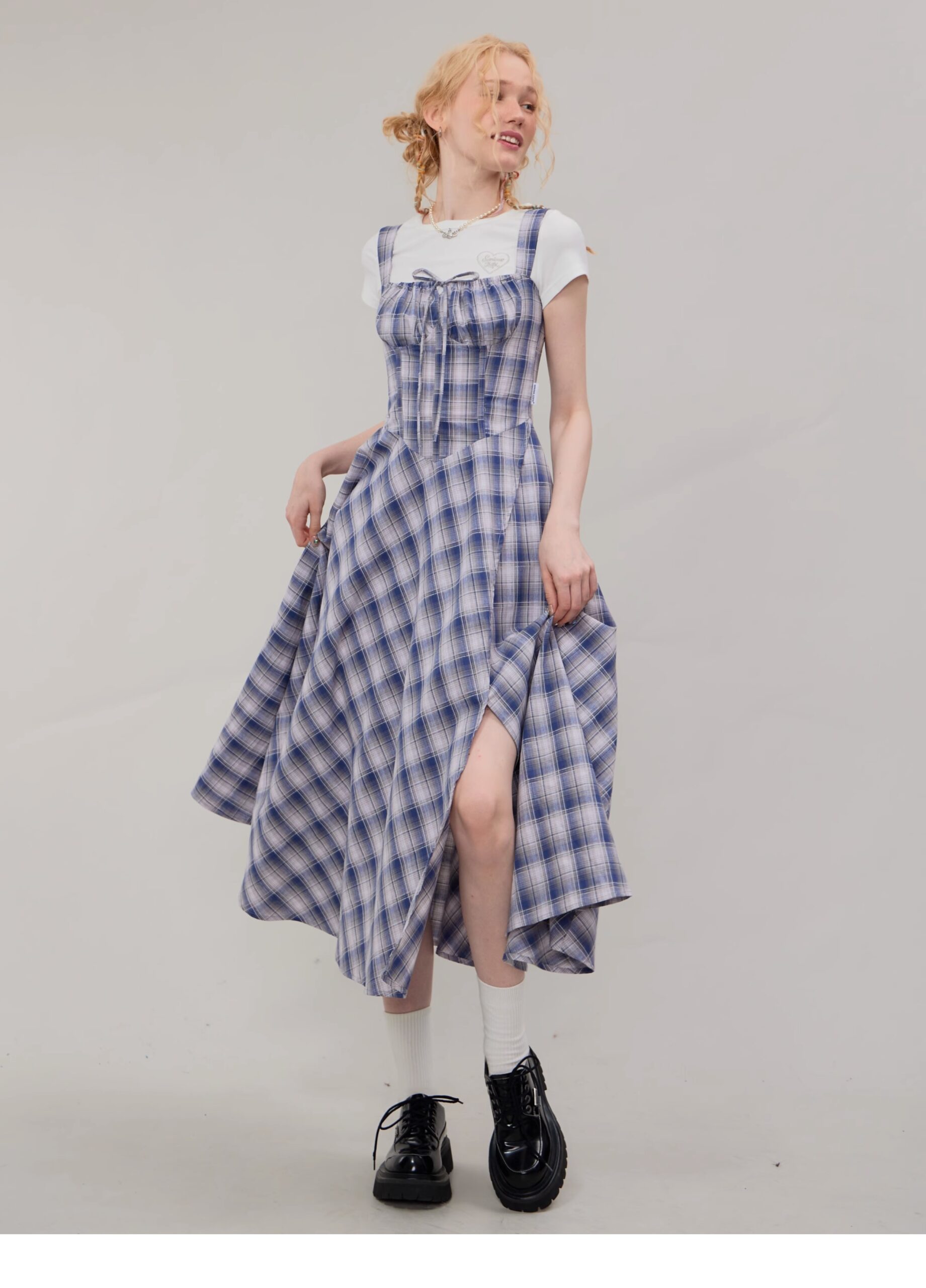 American Vintage Square Neck Dress - Blue Grid Print Bodycon Slit Maxi Dress with Tailored Waist - Image 5