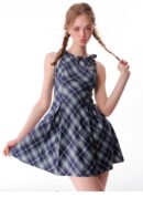 American Vintage Plaid Dress - Summer Blue Grid Slip Maxi Dress with Slimming Tailored Waist