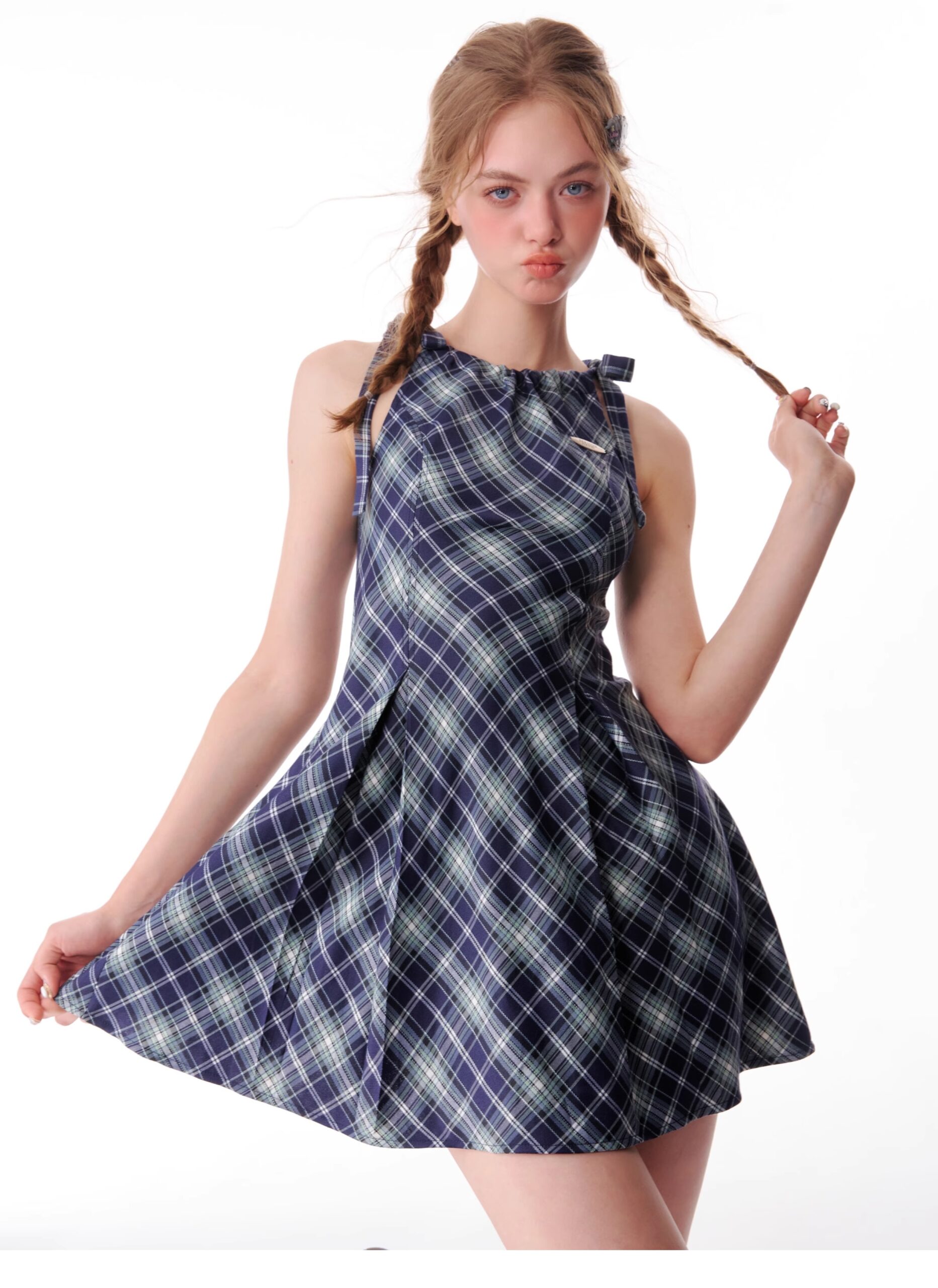 American Vintage Plaid Dress - Summer Blue Grid Slip Maxi Dress with Slimming Tailored Waist - Image 3