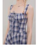 American Vintage Square Neck Dress - Blue Grid Print Bodycon Slit Maxi Dress with Tailored Waist