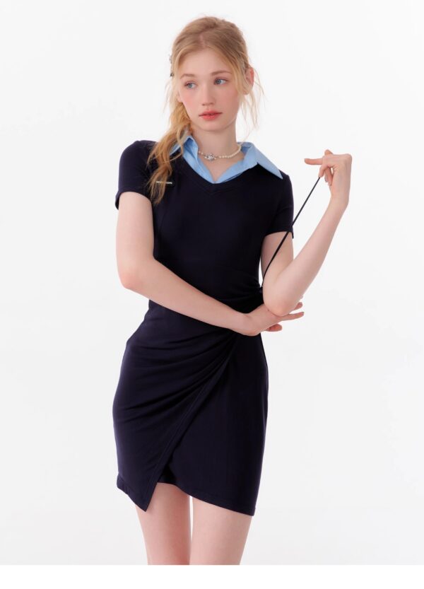 American Style False Two-Piece Dress - Polo Collar Short Sleeve Dress with Drawstring Waist & Smocking Details - Image 4