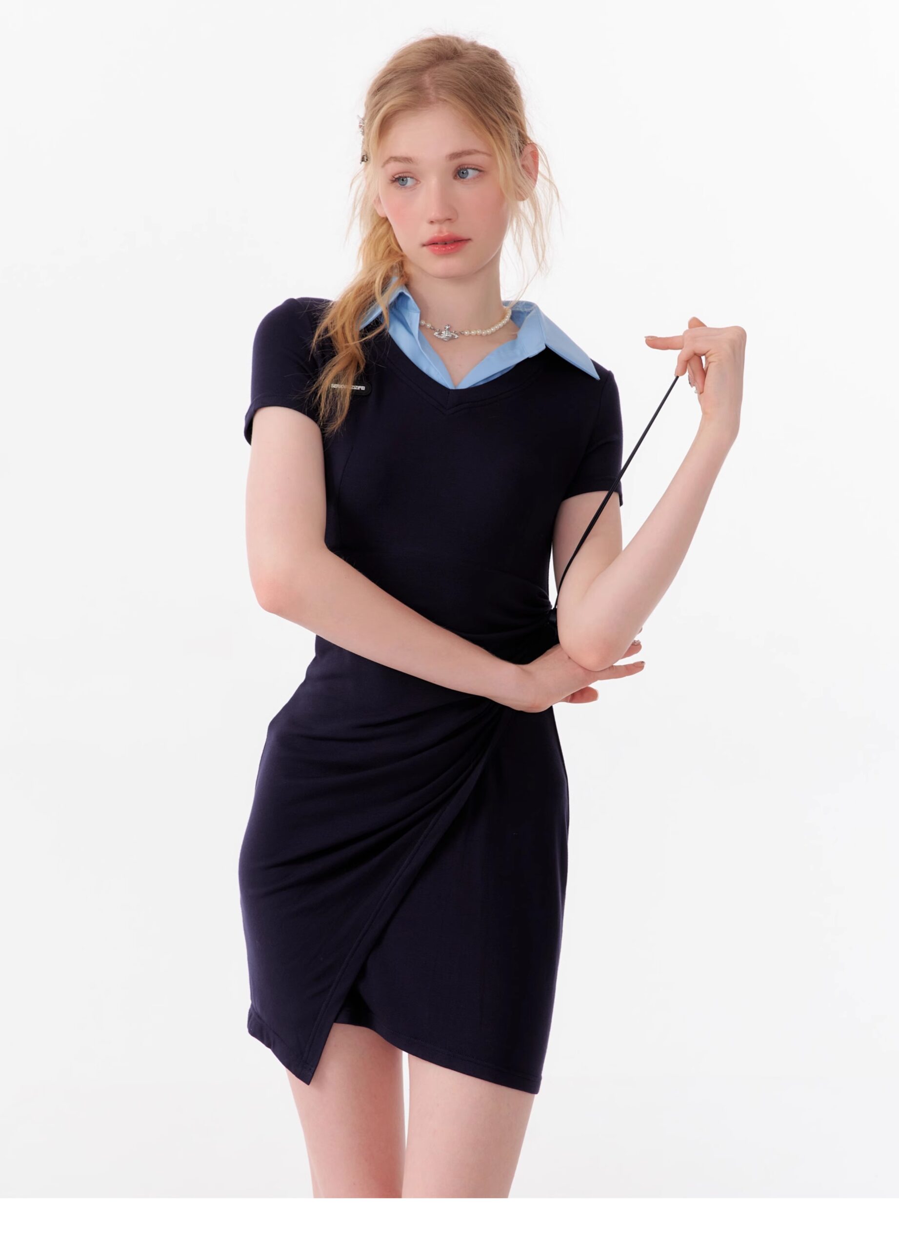 American Style False Two-Piece Dress - Polo Collar Short Sleeve Dress with Drawstring Waist & Smocking Details - Image 4