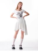 American Style Butterfly Print Dress - Defined Waist Short Sleeve Dress with Asymmetric Pleated Hem