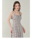 Vintage Blue-Brown Grid Maxi Dress - Bodycon Slit Long Dress with Tailored Waist