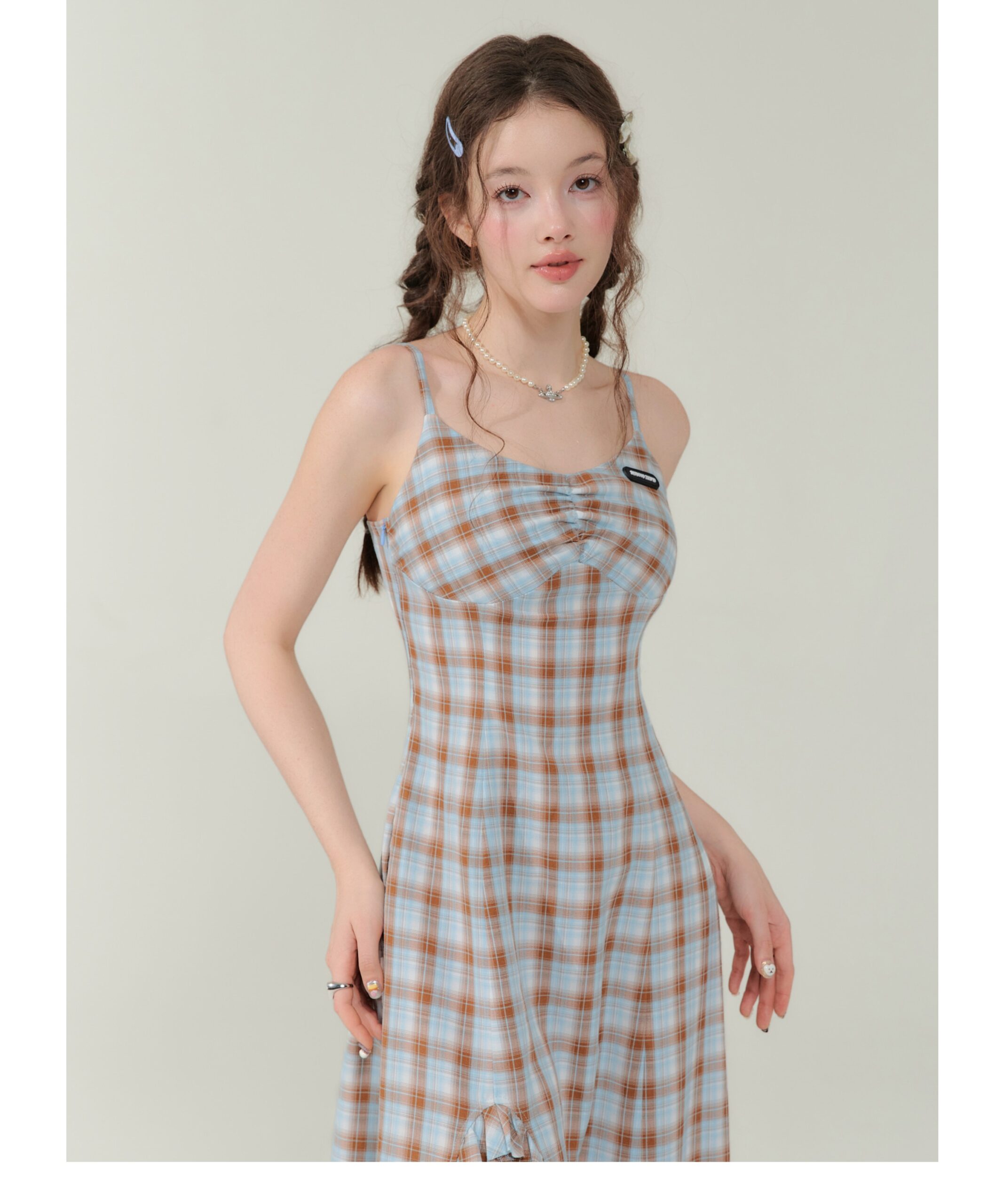 Vintage Blue-Brown Grid Maxi Dress - Bodycon Slit Long Dress with Tailored Waist - Image 8