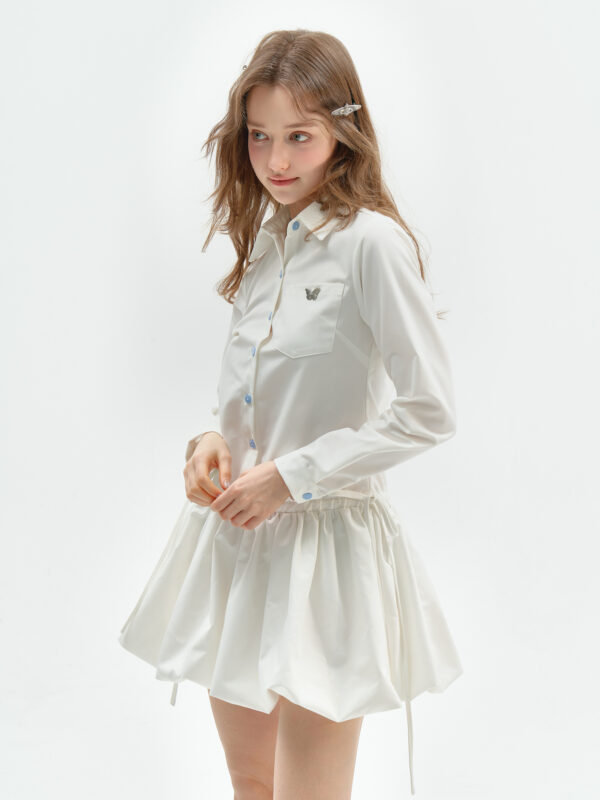 American Vintage Polo Bloom Dress - White Preppy Figure-Flattering Long Sleeve Dress with Tailored Waist - Image 6