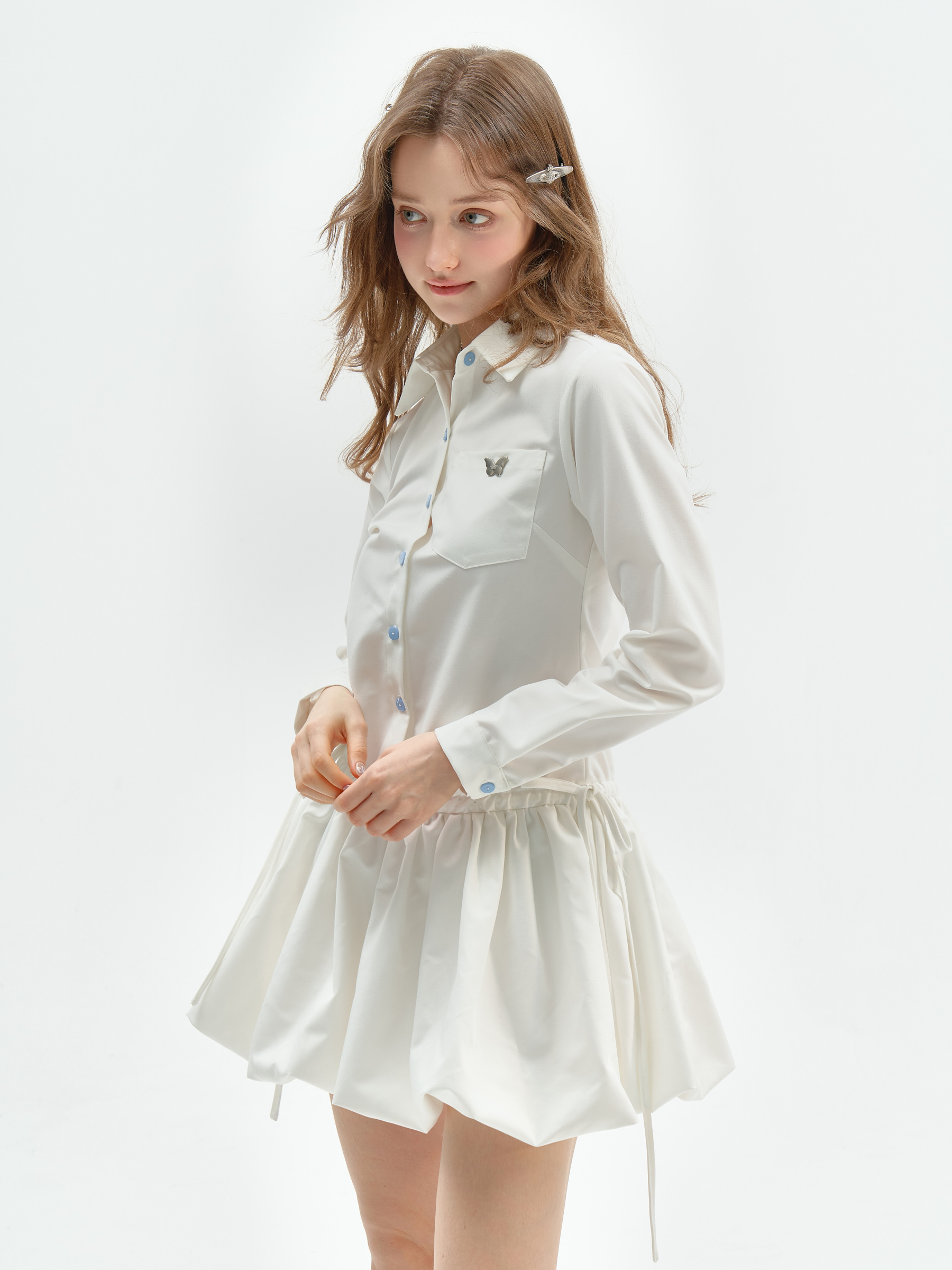 American Vintage Polo Bloom Dress - White Preppy Figure-Flattering Long Sleeve Dress with Tailored Waist - Image 6
