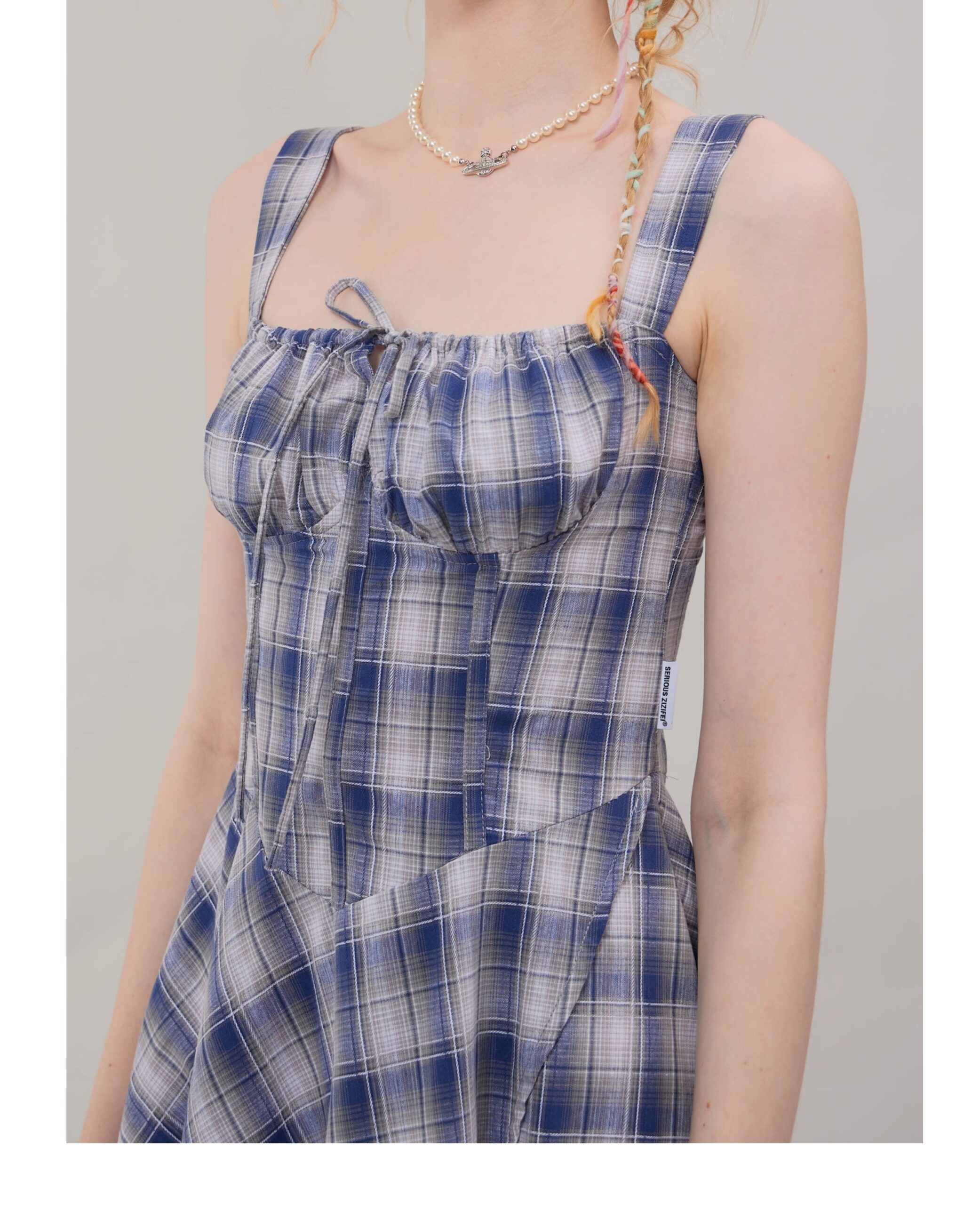 American Vintage Square Neck Dress - Blue Grid Print Bodycon Slit Maxi Dress with Tailored Waist - Image 6