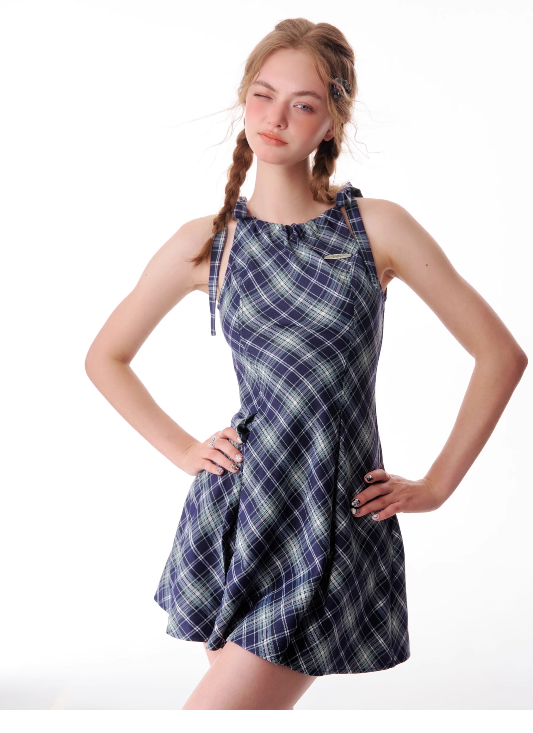 American Vintage Plaid Dress - Summer Blue Grid Slip Maxi Dress with Slimming Tailored Waist - Image 4