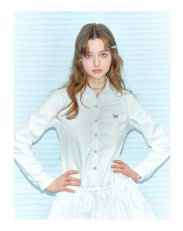 American Vintage Polo Bloom Dress - White Preppy Figure-Flattering Long Sleeve Dress with Tailored Waist - Image 7