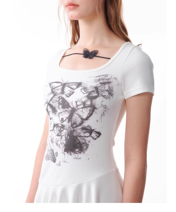 American Style Butterfly Print Dress - Defined Waist Short Sleeve Dress with Asymmetric Pleated Hem - Image 5
