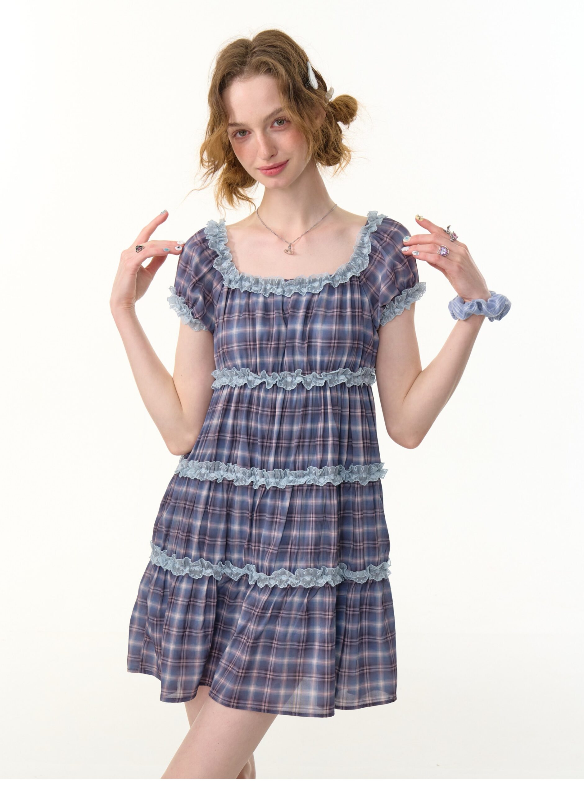 American Vintage Lavender Grid Dress - Square Neck Tiered Cake Dress with Puff Sleeves - Image 2