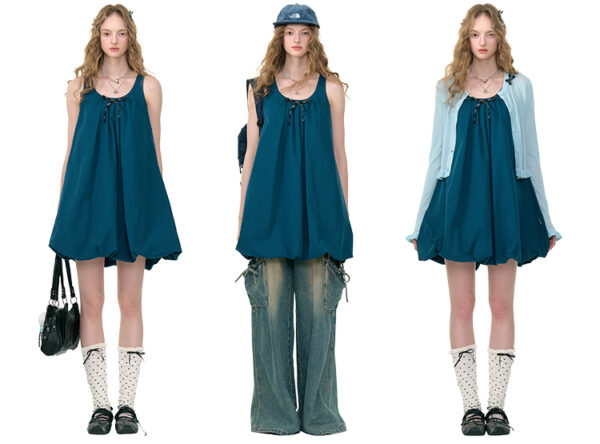American Vintage Sapphire Blue Bloom Dress - Bow Detail Tube Top Dress with Apron-inspired Design - Image 3