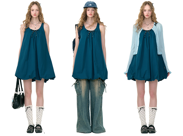 American Vintage Sapphire Blue Bloom Dress - Bow Detail Tube Top Dress with Apron-inspired Design - Image 3