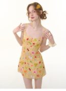 American Vintage Yellow Fruit Print Dress - Slimming Slip Dress with Defined Waist & Tropical Pattern