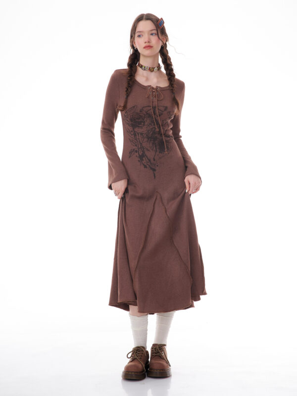 Winter Rose Print Knit Dress - Heavyweight Wool Blend Long Sleeve Bodycon Midi Dress - Image 17