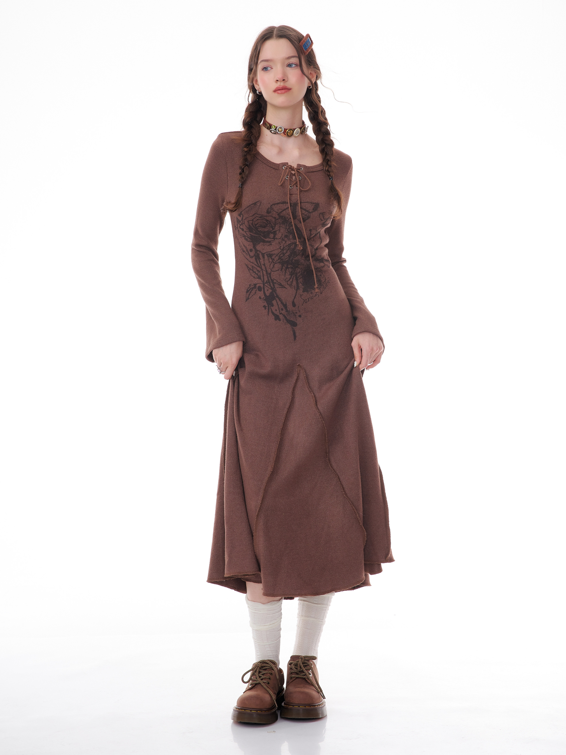 Winter Rose Print Knit Dress - Heavyweight Wool Blend Long Sleeve Bodycon Midi Dress - Image 17