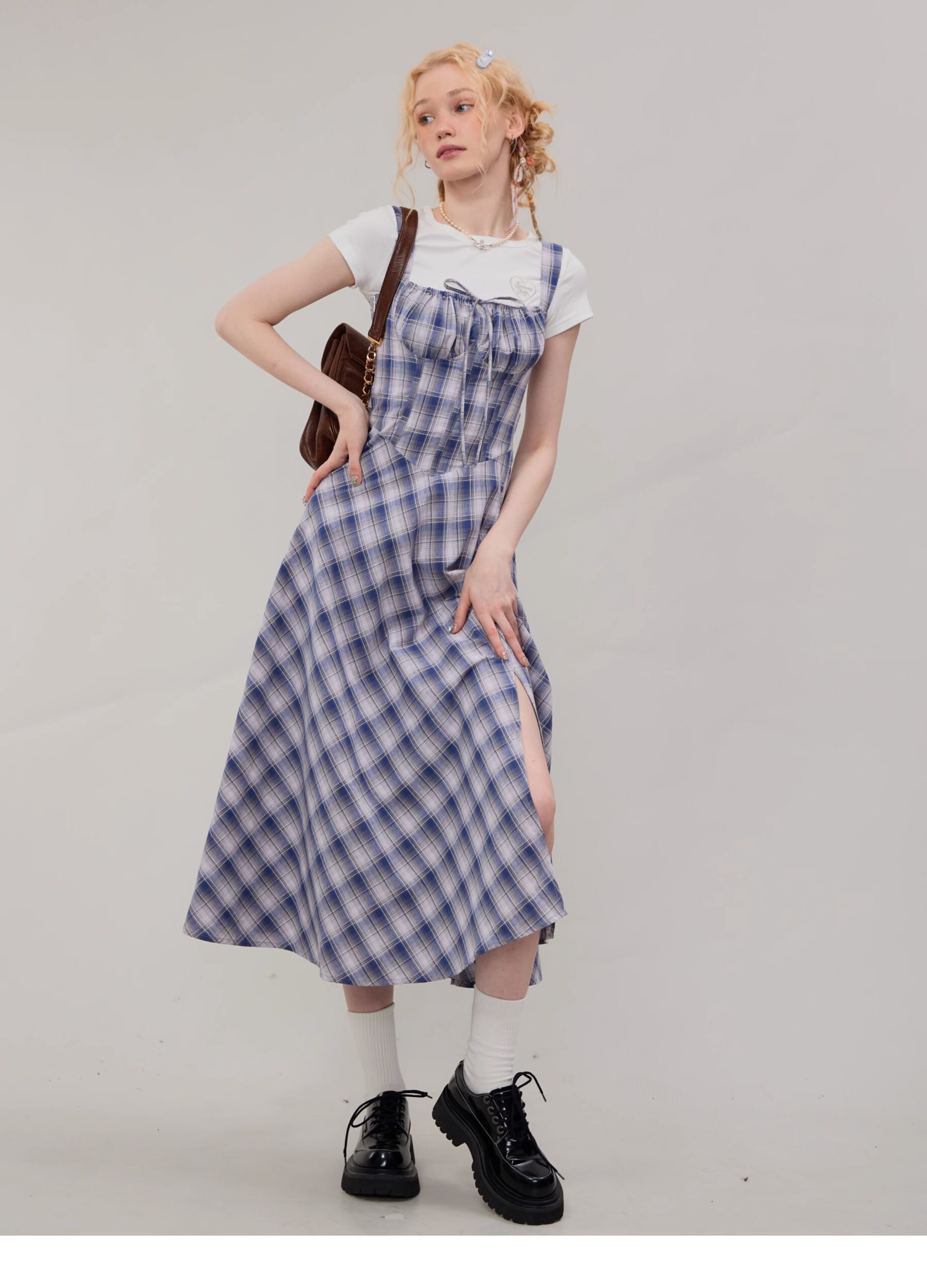 American Vintage Square Neck Dress - Blue Grid Print Bodycon Slit Maxi Dress with Tailored Waist - Image 7