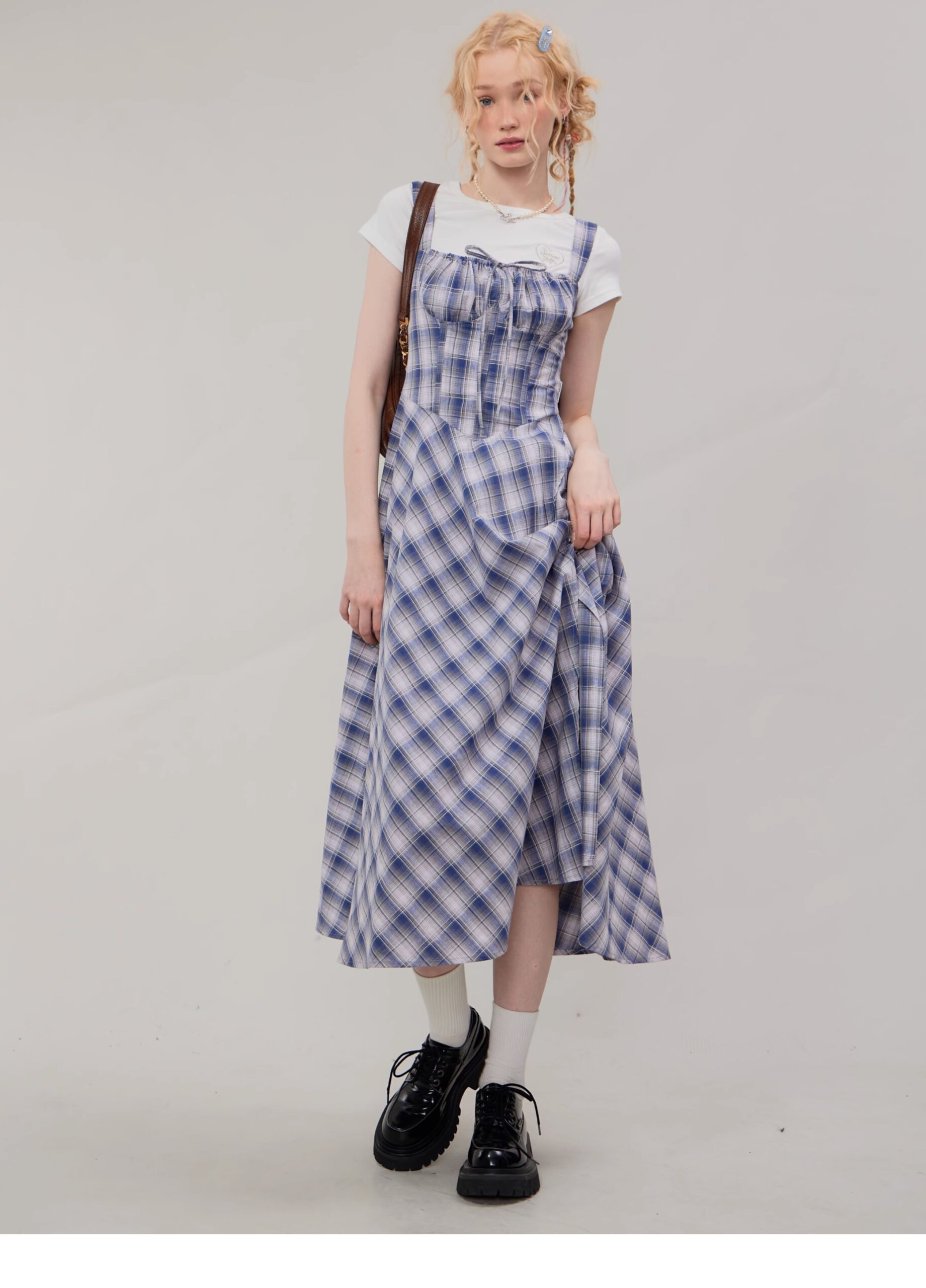 American Vintage Square Neck Dress - Blue Grid Print Bodycon Slit Maxi Dress with Tailored Waist - Image 8