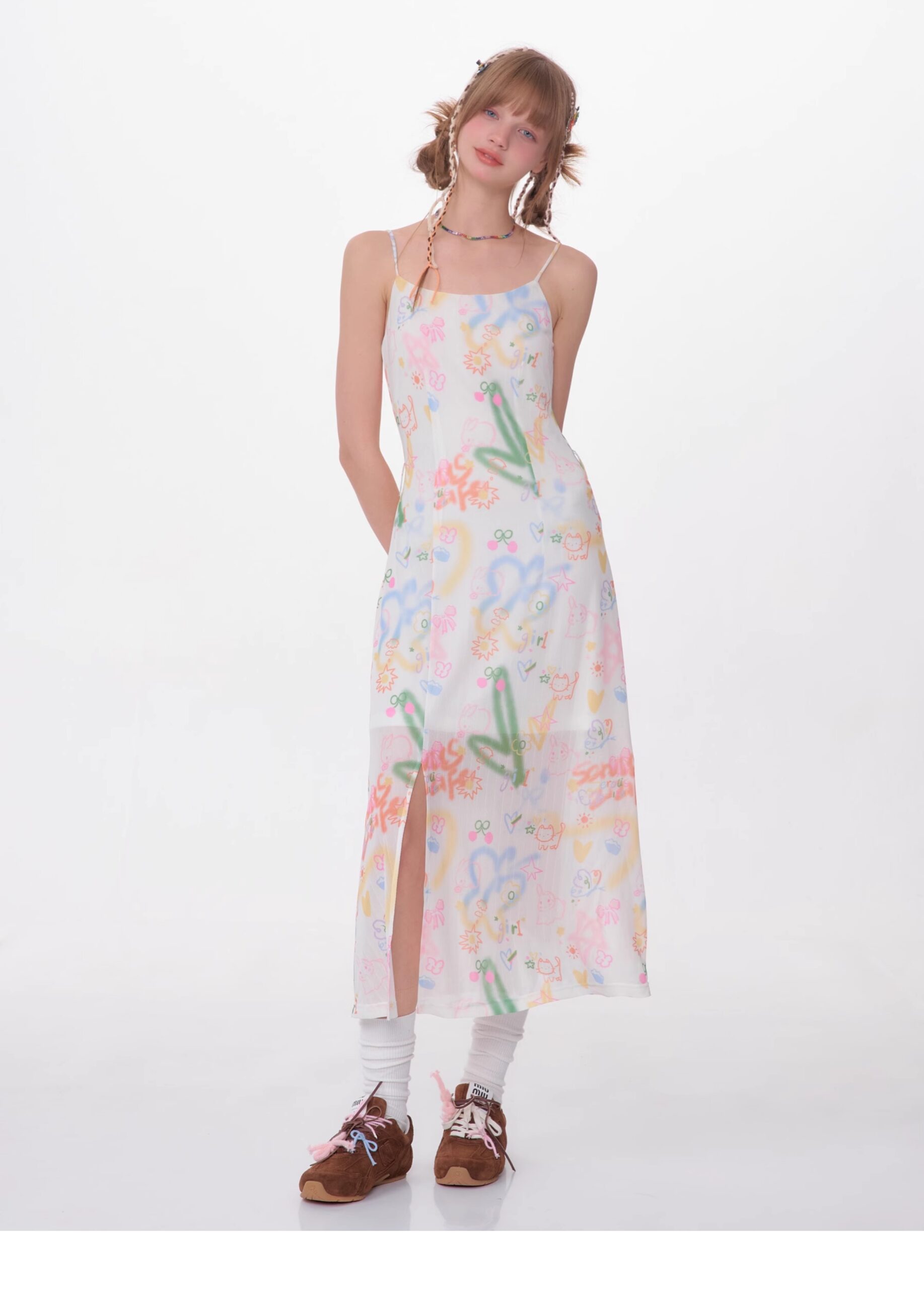 American Vintage Graffiti Print Maxi Dress - Slimming Slip Dress with High Slit & All-Over Artistic Design - Image 8