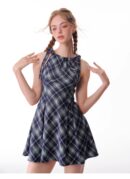 American Vintage Plaid Dress - Summer Blue Grid Slip Maxi Dress with Slimming Tailored Waist