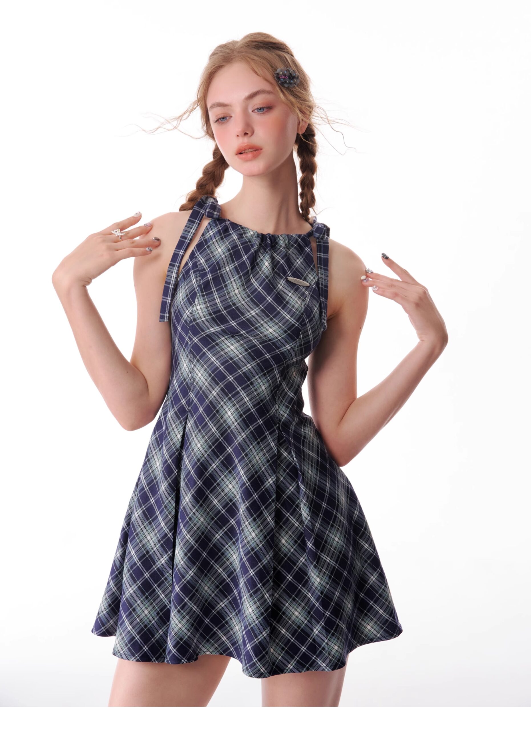 American Vintage Plaid Dress - Summer Blue Grid Slip Maxi Dress with Slimming Tailored Waist - Image 5