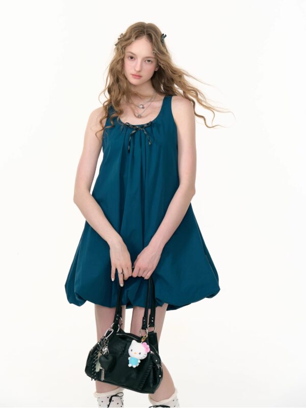 American Vintage Sapphire Blue Bloom Dress - Bow Detail Tube Top Dress with Apron-inspired Design - Image 4