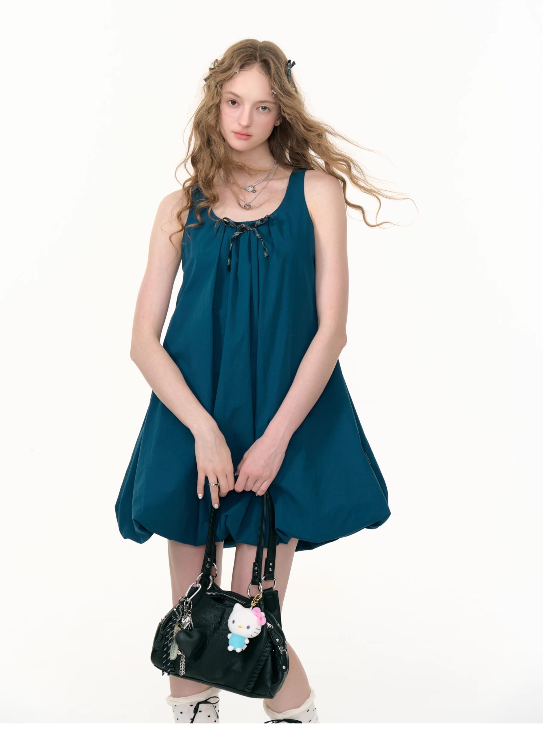 American Vintage Sapphire Blue Bloom Dress - Bow Detail Tube Top Dress with Apron-inspired Design - Image 4