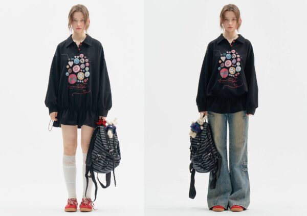 Vintage Button-Detail Polo Dress - Retro Print Pullover Sweatshirt Dress with Tailored Waist - Image 5