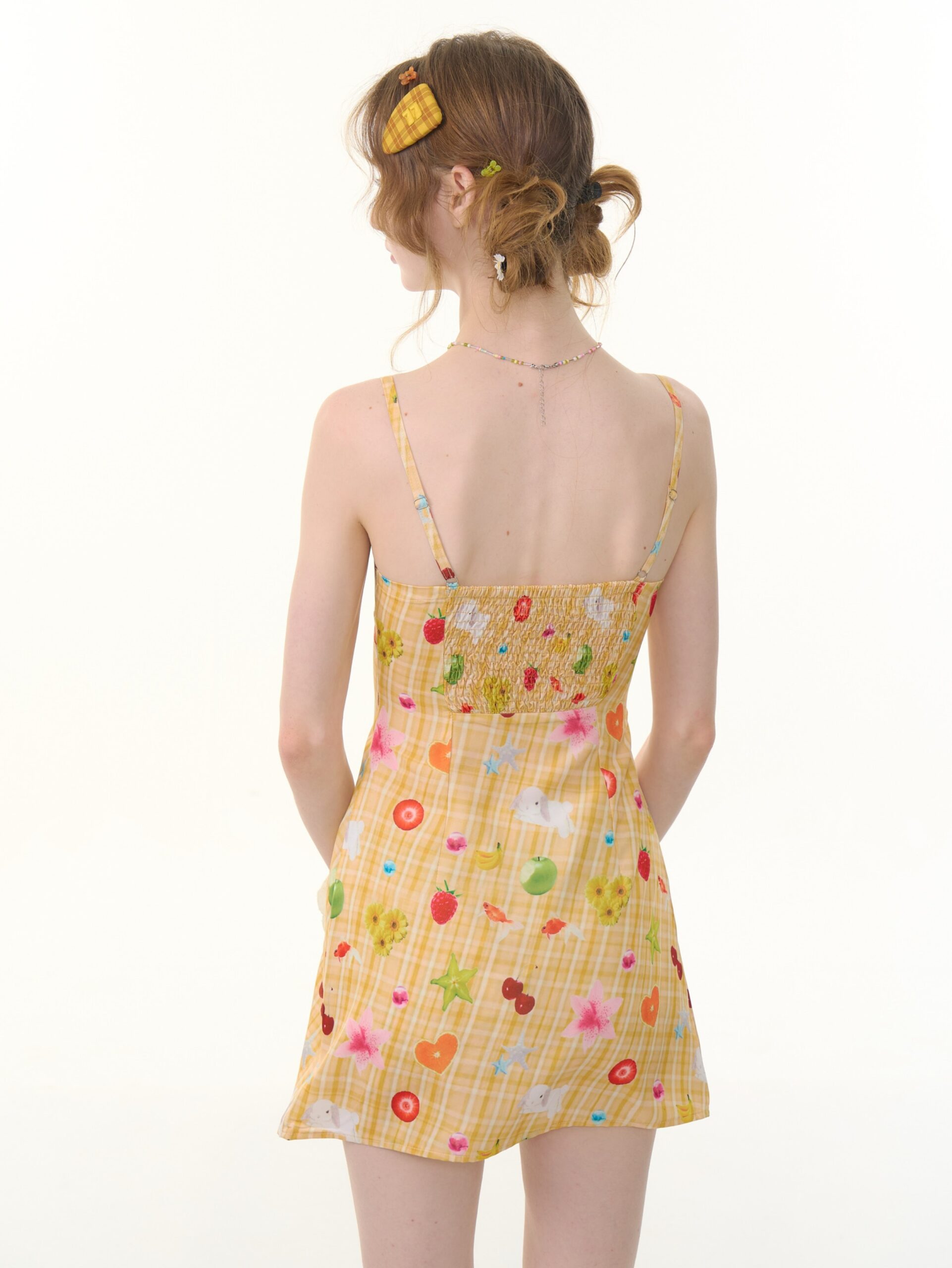 American Vintage Yellow Fruit Print Dress - Slimming Slip Dress with Defined Waist & Tropical Pattern - Image 6