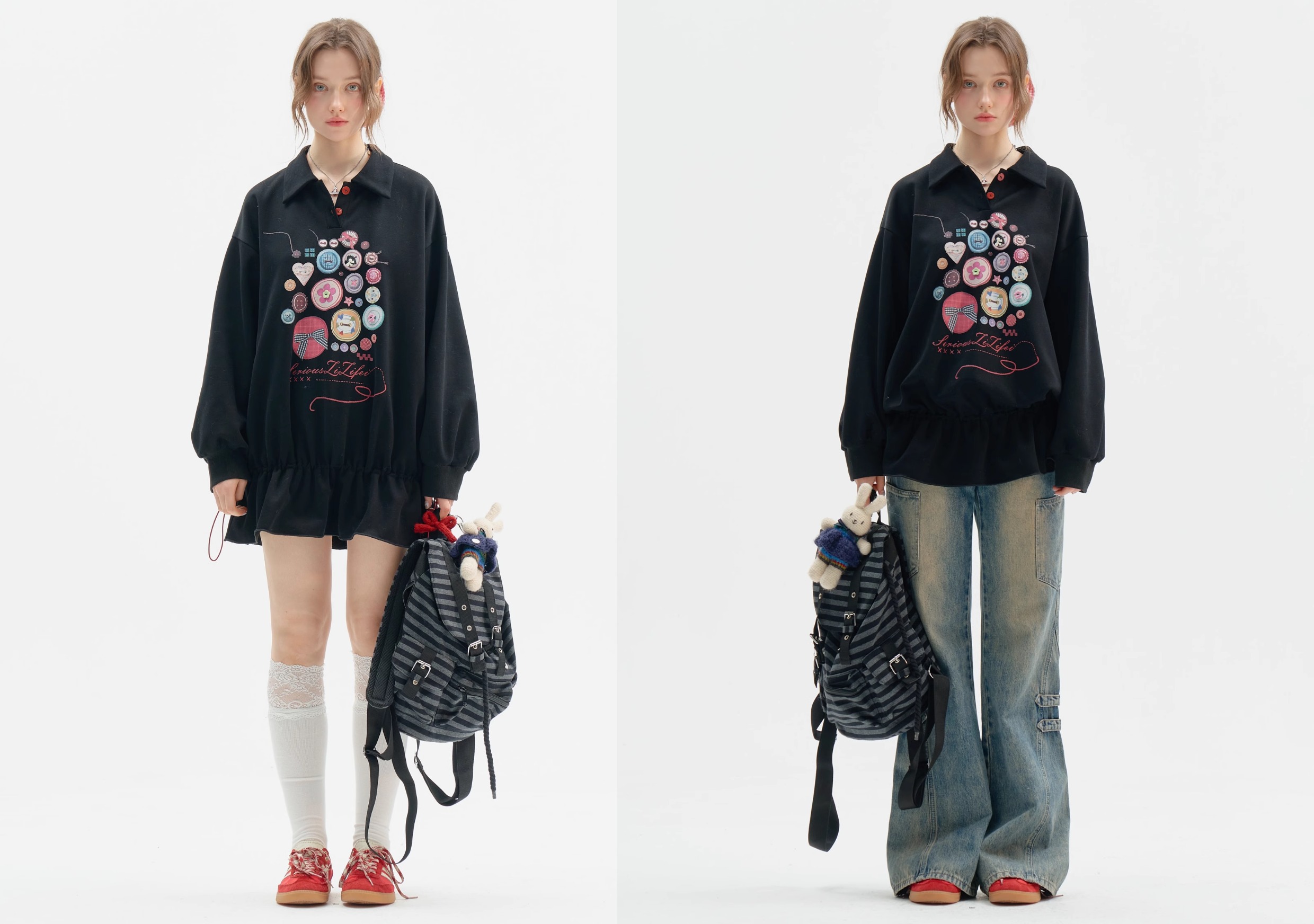 Vintage Button-Detail Polo Dress - Retro Print Pullover Sweatshirt Dress with Tailored Waist - Image 5