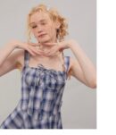 American Vintage Square Neck Dress - Blue Grid Print Bodycon Slit Maxi Dress with Tailored Waist