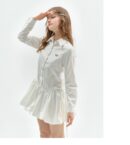 American Vintage Polo Bloom Dress - White Preppy Figure-Flattering Long Sleeve Dress with Tailored Waist