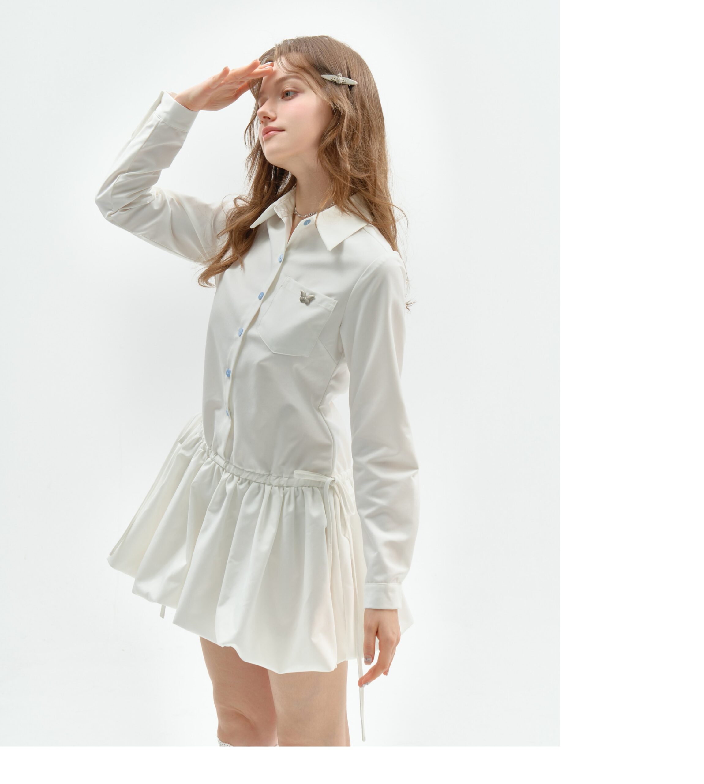 American Vintage Polo Bloom Dress - White Preppy Figure-Flattering Long Sleeve Dress with Tailored Waist - Image 9