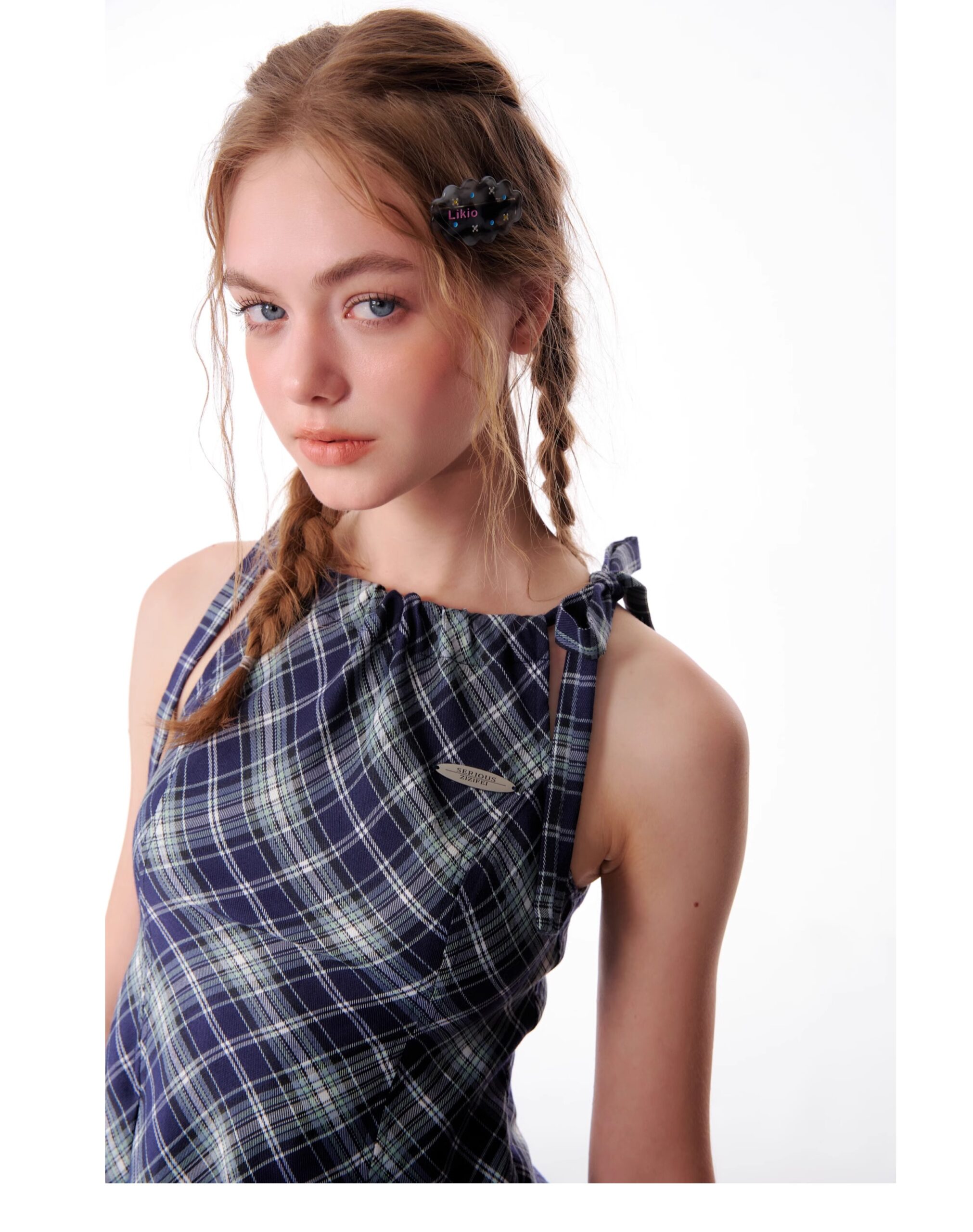 American Vintage Plaid Dress - Summer Blue Grid Slip Maxi Dress with Slimming Tailored Waist - Image 6