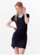 American Style False Two-Piece Dress - Polo Collar Short Sleeve Dress with Drawstring Waist & Smocking Details