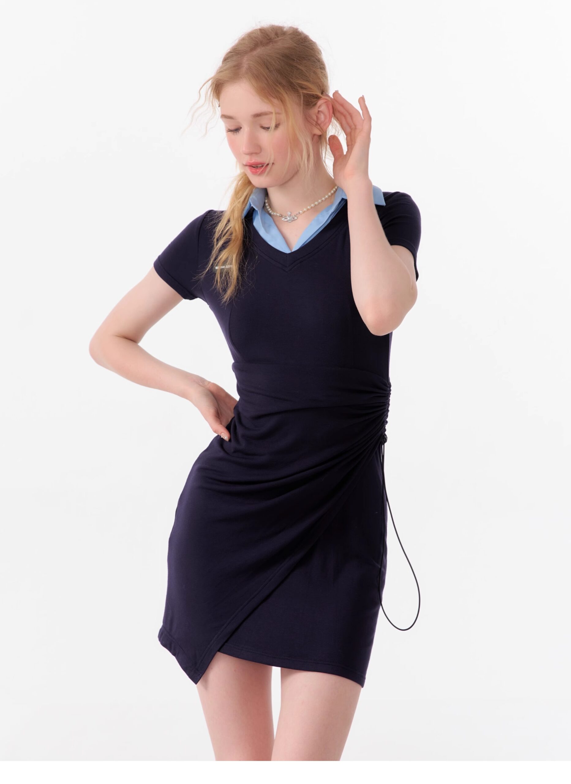 American Style False Two-Piece Dress - Polo Collar Short Sleeve Dress with Drawstring Waist & Smocking Details - Image 7