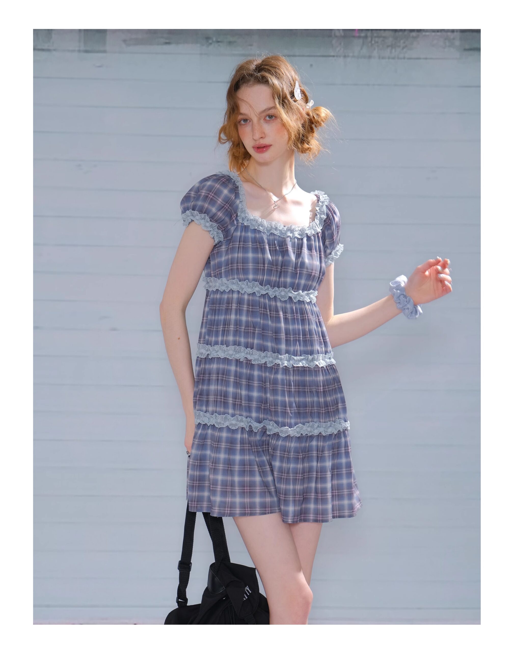 American Vintage Lavender Grid Dress - Square Neck Tiered Cake Dress with Puff Sleeves - Image 3
