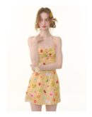 American Vintage Yellow Fruit Print Dress - Slimming Slip Dress with Defined Waist & Tropical Pattern