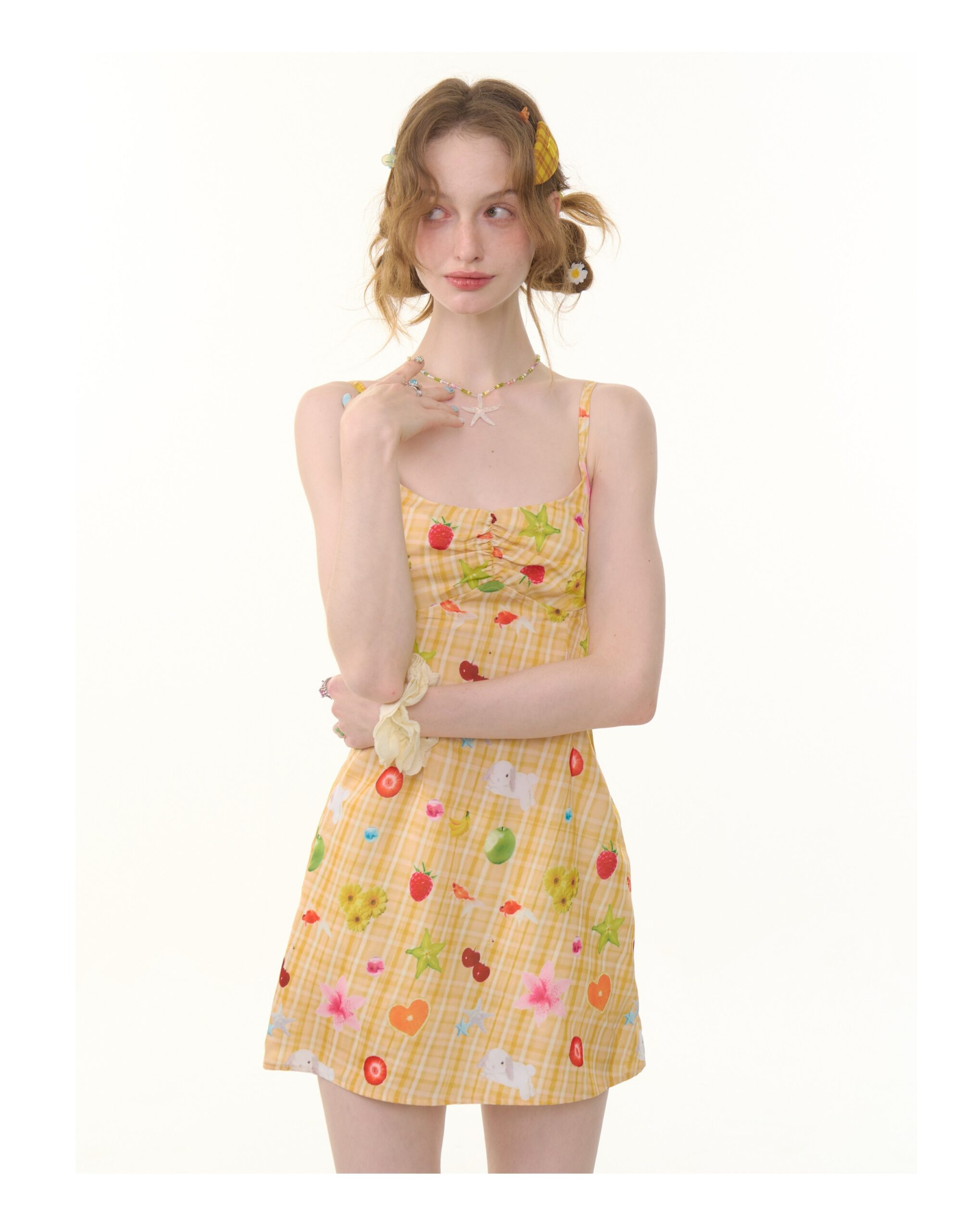 American Vintage Yellow Fruit Print Dress - Slimming Slip Dress with Defined Waist & Tropical Pattern - Image 7