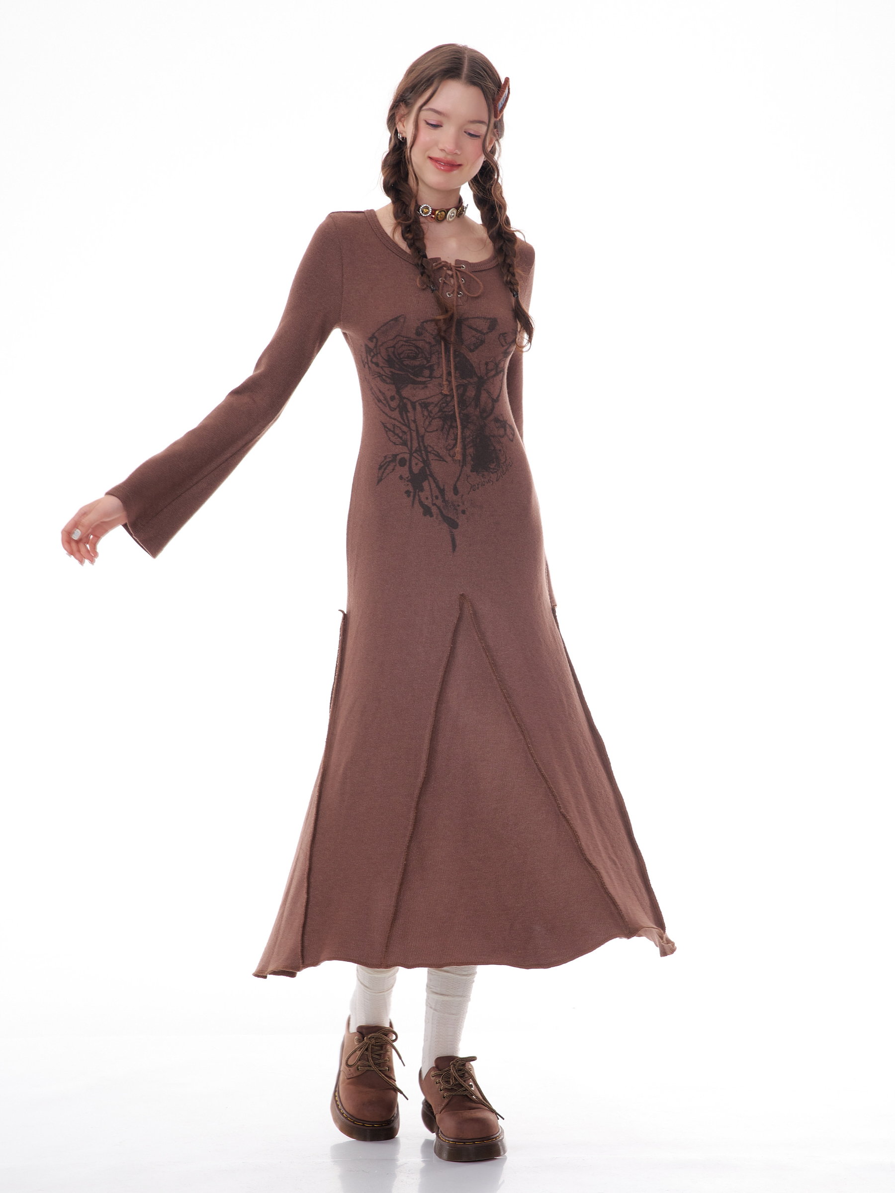 Winter Rose Print Knit Dress - Heavyweight Wool Blend Long Sleeve Bodycon Midi Dress - Image 19