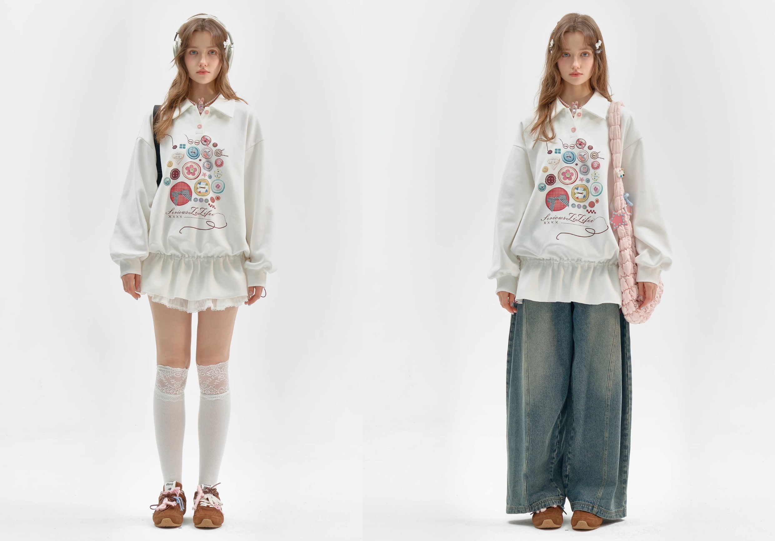 Vintage Button-Detail Polo Dress - Retro Print Pullover Sweatshirt Dress with Tailored Waist - Image 2