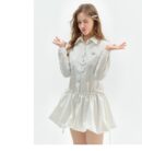 American Vintage Polo Bloom Dress - White Preppy Figure-Flattering Long Sleeve Dress with Tailored Waist